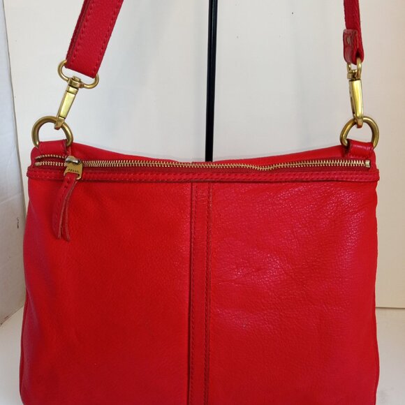 Vintage FOSSIL Fold-over Convertible Crossbody Bag Lipstick Red Pebbled Leather - Picture 7 of 15